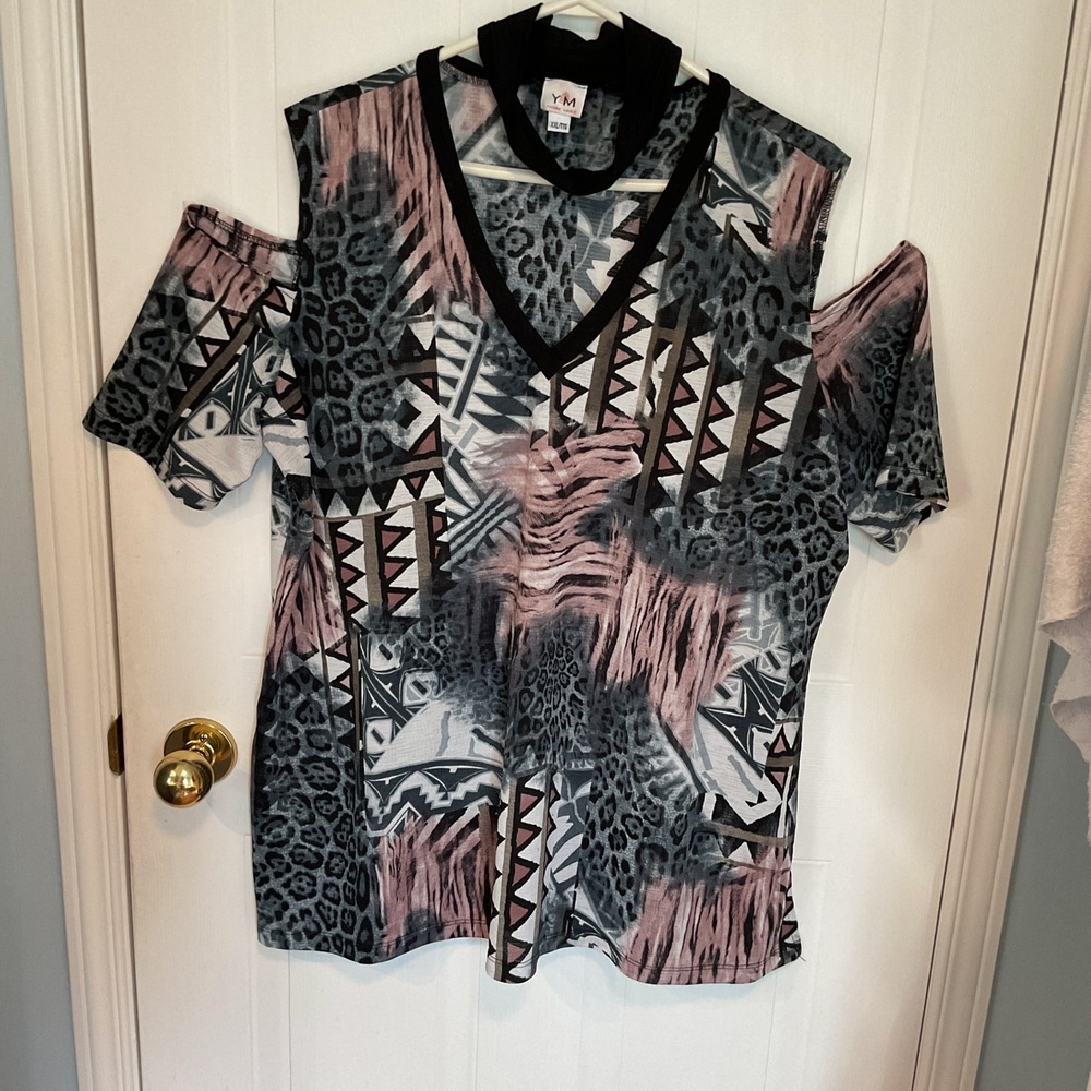 Yvonne Marie Top Women XXL Multicolor Excellent Cold Shoulder Mixed Print Blouse